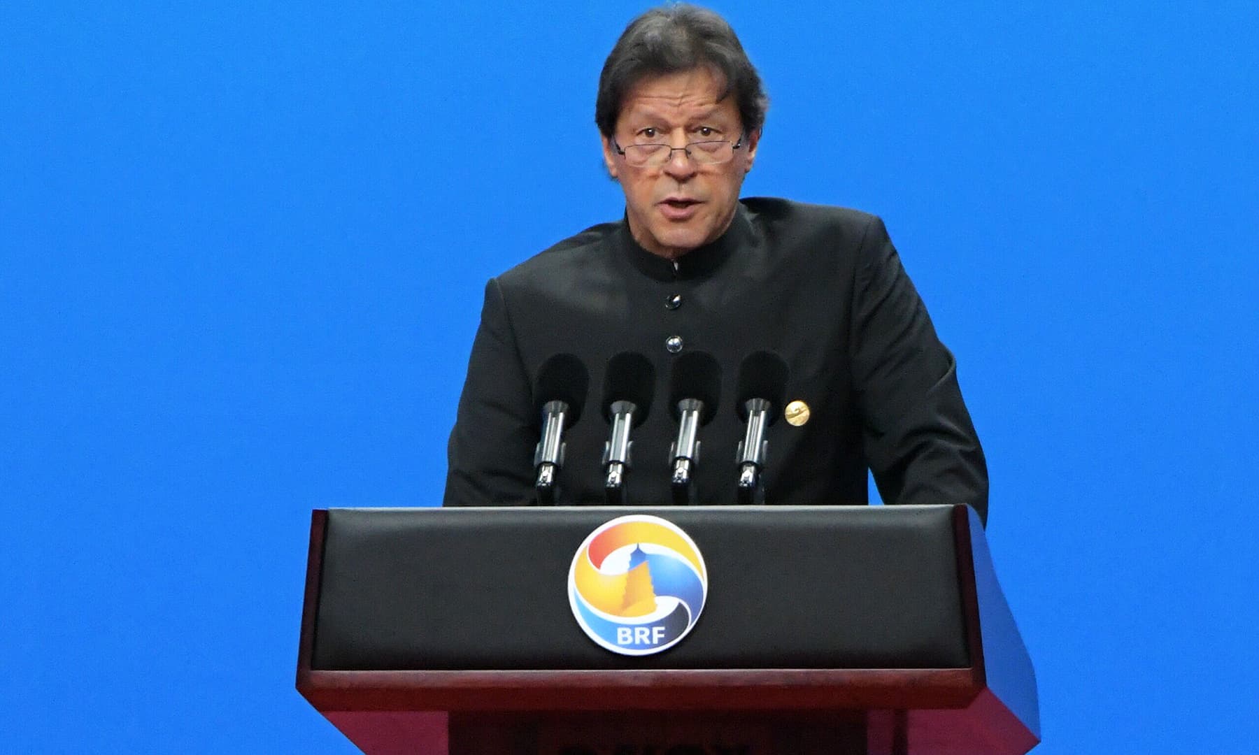 Pakistani Prime Minister Imran Khan speaks during the opening ceremony of the Belt and Road Forum in Beijing in April 26, 2019. (Photo by FRED DUFOUR / AFP)
