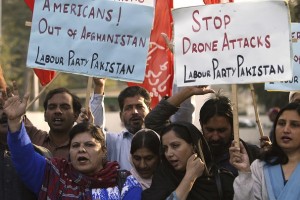 Supporters of Pakistani Labour Party rally against the United States and condemn drone attacks on militants in Pakistani tribal areas along the Afghanistan border, Friday, Dec. 4, 2009 in Lahore, Pakistan. (AP Photo/K.M.Chaudary)