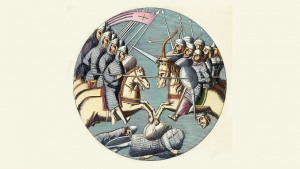 (Original Caption) The battle between the Crusaders and Moslems at Ascalon, 1099. Illustration after a glass painting on the Abbey of St. Denis. Undated illustration.