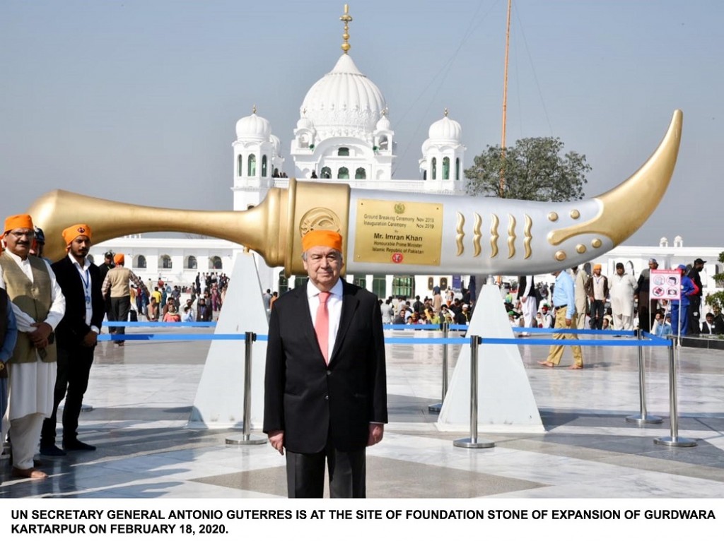 UN SECRETARY GENERAL ANTONIO GUTERRES IS AT THE SITE OF FOUNDATION STONE OF EXPANSION OF GURDWARA KARTARPUR ON FEBRUARY 18, 2020.