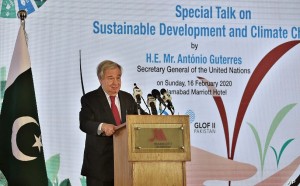 U.N. Secretary-General Antonio Guterres addresses an event on Sustainable Development and Climate Change, in Islamabad, Pakistan, Sunday, Feb. 16, 2020. Guterres is on a three-day visit to meet with country's top leadership and attend an international conference to recognize 40 years of Afghans living as refugees. (AP Photo/Anjum Naveed)