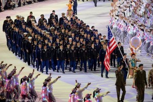 The U.S. Armed Forces Sports team marches during opening ceremonies for the 2019 CISM Military World Games in Wuhan, China Oct. 18, 2019. Teams from more than 100 countries will compete in dozens of sporting events through Oct. 28. (Dept. of Defense/EJ Hersom)