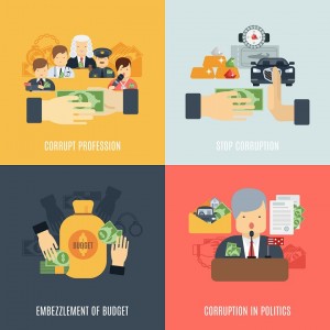 Corruption design concept set with budget embezzlement flat icons isolated vector illustration