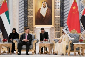 Prime Minister and Vice President of the United Arab Emirates and Ruler of Dubai Sheikh Mohammed bin Rashed al-Maktoum meets with Chinese President Xi Jinping at the Presidential Palace in Abu Dhabi